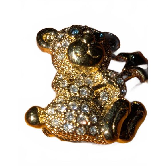 Jewelry - 1980s Gold Tone Teddy Bear Brooch with Rhinestones